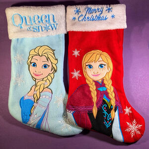 DISNEY “FROZEN QUEEN ELSA & ANNA” PLUSH EMBROIDERED XMAS STOCKING BLUE RED 18”